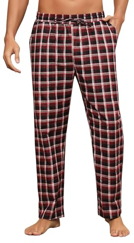 Litherday Pantalon de Pyjama Homme Coton à Carreaux Bas de Pyjama Longue Cofortable Respirant avec Poches à Cordon de Pantalon,Bleu marine + Rouge,L