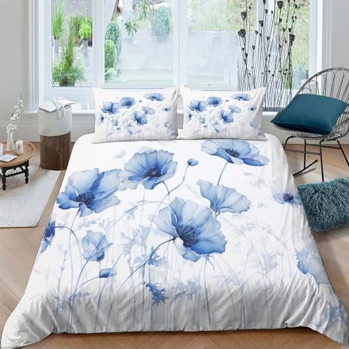 Juego De Ropa De Cama para Tinta y Flor con Impresión En 3D, Juego De Funda para Edredón Floral Azul con Cremallera, Niños Adultos Funda King（220x240cm）