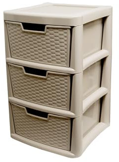 SIDSONS Large plastic Rattan Style Storage Drawer Unit 3-Drawer Modular Storage Tower Cabinet Home Office Solution Garage Organization Chest Drawers Mushroom Colour Height 62cm, Width 39cm, Depth 39cm