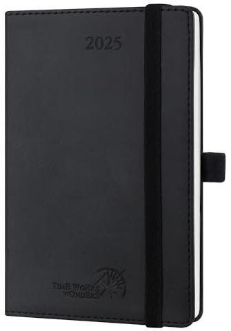 POPRUN Taschenkalender 2025 Klein Softcover mit PU-Leder, ca. A6 (16 x 10,5 cm) - Kalender 2025 Klein (Jan.2025-Dez.2025) - Terminplaner 1 Woche 2 Seite mit Stiftschlaufe - Schwarz