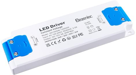 Elezenioc LED Transformator 12V 60W, Ultra dünn Trafo 230V auf 12V Transformator 5A, AC/DC Konstantspannungs Netzteil für Lampen Nicht Dimmba für G4 MR16 MR11 LED Strips(Blue-12v-60W)