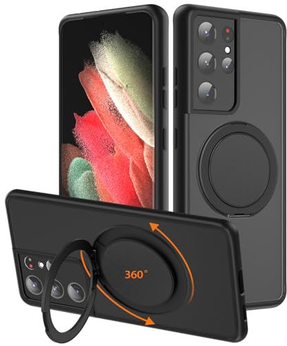 HARUINO Galaxy S21 Ultra Case with 360° Rotating Stand, Magnetic Compatible, Wireless Charging, Compatible, Full Protection, Semi-Transparent, Matte Texture, Anti-fingerprint, Shockproof