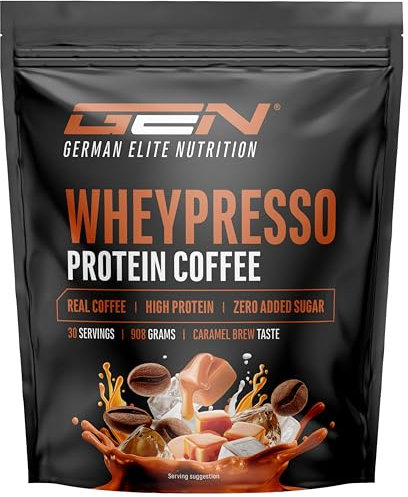 Wheypresso Protein Coffee - Poudre de protéine avec concentré de whey & isolat - Avec du vrai café & de la caféine - Boisson crémeuse à haute protéine - (908 g, Sveur Caramel)