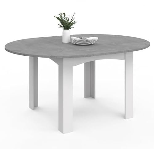 IDMarket - Esstisch, ausziehbar, rund, Dona, 4-8 Personen, weiß, Platte in Betonoptik, 110-150 cm