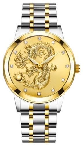 JOATVEE Herren Quarz-Golduhren 3D Gold Drachen Geschnitzt Diamant Uhren für Männer Klassische Edelstahl Herrenuhr,Wasserdicht Business Armbanduhren