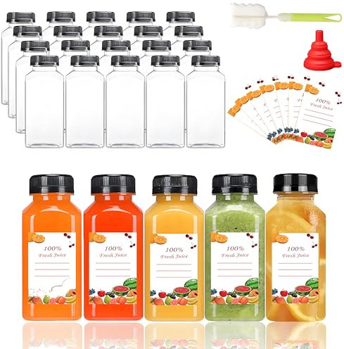 Kiswleon 8oz/250ml Plastic Juice Bottles with Lids 20PCS,Empty Mini Water Bottles with Label, Funnel and Brush,Reusable Bulk Beverage Drink Containers for Smoothie,Fridge,Juice