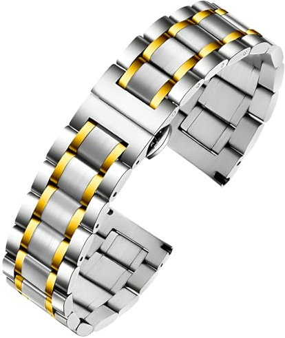 TStrap Metall Uhrenarmband Edelstahl - Silber&Gold Armband für Uhr Herren und Damen Schnellverschluss - Ersatzarmband für Smartwatch aus Massivem Stahl Poliert - 12mm ... 20mm 22mm 24mm