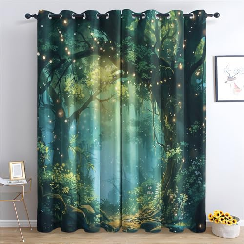 SZLYZM Mystische Wald Vorhänge, Verdunklungsvorhänge mit Muster Fantasie, Vorhang Blickdicht mit Ösen, Gardinen für Wohnzimmer Schlafzimmer Deko 2er Set - 137x117 (H X B)