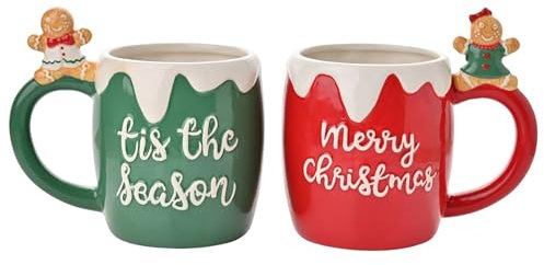 The Seasonal Gift Co - Set of 2 Red & Green Tis The Season & Merry Christmas Gingerbread People Mugs - Home Decor Gifting & Homeware Present for Tea, Coffee & Holiday Festive Drinking.