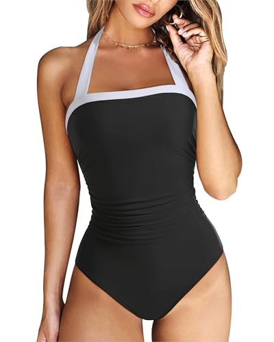 DOULAFASS Tummy Control Swimwear High Neck Swimming Costume Women Bandeau Strapless Swimsuit Padded Ladies One Piece Black White