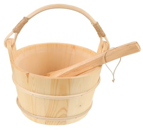 Yardwe Wooden Sauna Bucket Ladle Set with Liner for Sauna Room Traditional Wooden Bathing Barrel for Spa Shower Use