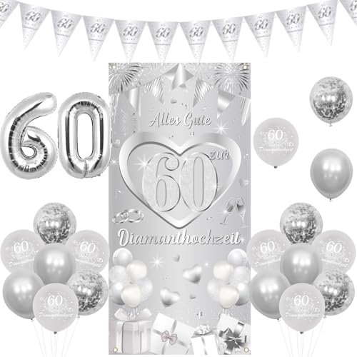 Kreatwow Alles Gute zum 60. Hochzeitstag Alles Gute Zur 60 Diamant Hochzeit Dekoration Tür Banner Diamant-Hochzeitsgirlande Banner Nummer 60 Folienballon 60 Jahre Hochzeitstag Dekor für Eltern Paare