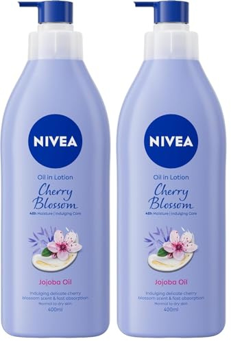 NIVEA Oil In Lotion Cherry Blossom & Jojoba Oil (400ml), Replenishing Body Lotion with Floral Cherry Blossom Scent & Pampering Jojoba Oil, Long-Lasting 48H Moisturising Cream, NIVEA Body Lotion