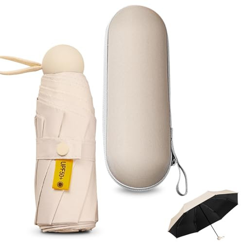 Sykrawki Paraguas Plegable Ultra Compacto para Viaje - Portátil, 8 Costillas Resistente al Viento | Protección UV 99% Impermeable | Unisex para Hombres y Mujeres (Beige)