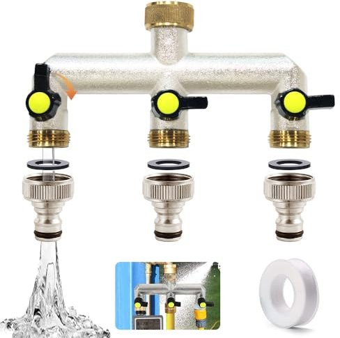 3 Wege Verteiler Wasser 3/4 zoll, Wasseranschluss Verteiler mit Adapter 1/2, Wasserhahn Verteiler mit Kugelhahn, Wasserhahn Wasserverteiler, Gartenschlauch Verteiler, Wasseranschluss Adapter Garten