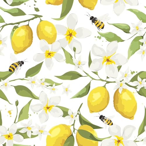 FunStick Klebe Tapete Selbstklebend Wand Weiß und Gelb Tapete Zitrone Lemon und Bienen Frangipani Blumentapete Klebefolie Küche Zitronen Blätter Weiß Gelb Möbelfolie Kinder Schlafzimmer 44.5CMx3M