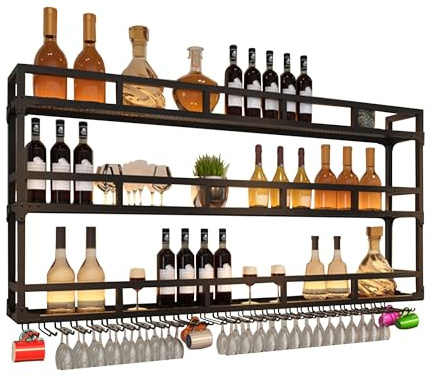 XYLDGPTL Weinregal Wand Metall Bar Regal Wand Flaschenregal Schmal Barschrank Weinständer mit Licht Weinglashalter für Bartheke Wohnzimmer Küche Esszimmer(Nero,150 * 25 * 90cm)