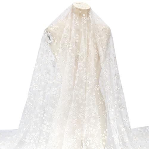 MAYJOYDIY 2.7m Weiß Blümchen Bestickter Spitzenstoff 168cm Vintage Gänseblümchen Netzspitze Stoff Kleidungsstück Mesh Stoff Für DIY Hochzeitskleid Kostüm Zubehör Schleier Decor