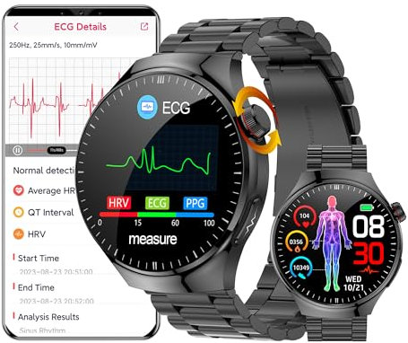 DigiKuber Smartwatch EKG & Zifferblatt Anruf Annehmen, 1,43 Zoll AMOLED Wasserdicht Smart Watch mit Blutdruck, SpO2, Herzfrequenz, Nachricht Anruferinnerung für Android iOS (Schwarz Metal)