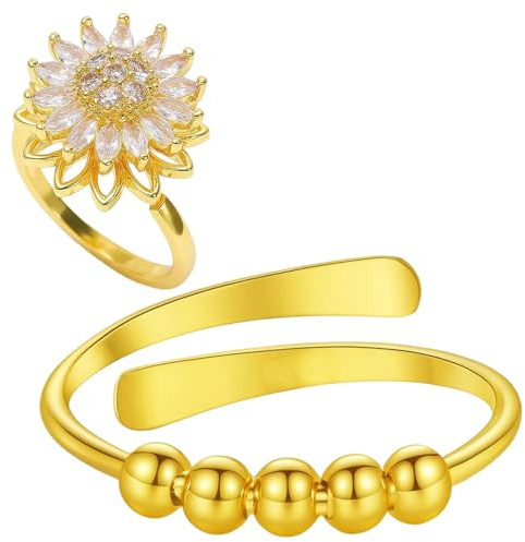 PcvGef Anxiety Ring Gold, 2 Rotierende Zirkonia Ringe für Anti Stress, Edles Design für Damen, Premium Kupfer in Gold