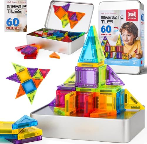 Magnetische Fliesen, 60-teiliges Reise Magnetische Bausteine Set, Mini-Magnet bausteine bauspielzeug mit Eisenbox für Alter 3+ Jungen und Mädchen Geschenk, STEM Montessori magnetisches Spielzeug