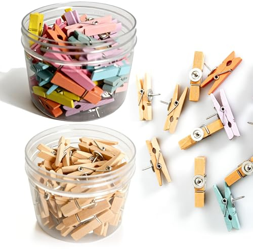 100 Pièces Punaises Tableau Liège avec Clips, Mini Pince a Linge Bois, Punaises Murale, Petites Pinces à Linge Bois pour Tableau en Liège, Notes, Photos, Calendrier