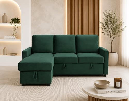 WeDoSofas L Shaped 3 Seater Sofa Bed in Dark Green Velvet Fabric | W185 x D85 x H90 cm, 3 With Storage Compartment, Stylish Corner Piece for Living Rooms, Flats & Guest Areas, Velvet Fabric