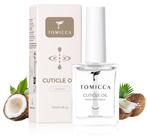 TOMICCA 15ml Coconut Cuticle Nail Oil, with Coconut Grapeseed Jojoba & Vitamin E for Dry Brittle Cuticles, Brush Head Design – Softens & Nourishes Rough Nails, Vegan