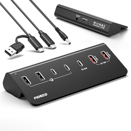 FIDECO 7-Port 72W Powered USB Hub, USB C Hub with 1 PD 45W, 2 QC 3.0 Charging Ports, and 4 USB 3.2 Ports (2 USB A + 2 USB C), Aluminum 10Gbps USB Hub for Laptop, PC, MacBook, iPhone 17/16/15, Black