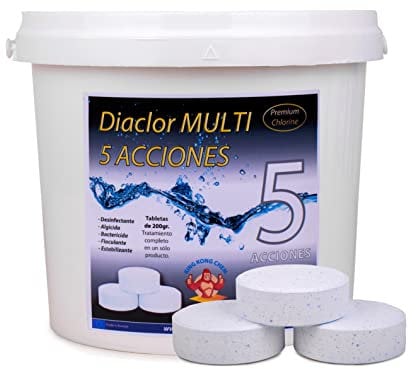 Pastillas de Cloro para Piscinas DIACLOR Multi 5 ACCIONES 5 KG - Envasado Individual - 25 Pastillas de Cloro Lento (200 gr- 7,5 cm Diámetro) - Tratamiento Completo 5 Efectos - SIN Cobre -
