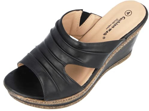 Ladies Leather Lined Peep Toe Mid Wedge Mule Sandals (Black, numeric_6)