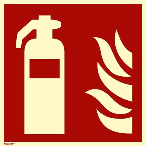 Feuerlöscher Schild 300 x 300 mm – Folie langnachleuchtend 55/8 mcd DIN 67510 Leuchtklasse B, selbstklebend, Brandschutzzeichen F001, Sicherheitskennzeichen gemäß ASR A1.3 / ISO 7010 DIN 67510