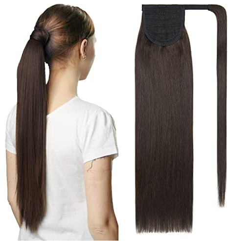 TESS Pferdeschwanz Haarteil Echthaar 50 cm 95g Lang Glatt Gewickelt Ponytail Extension Echthaar Wrap around für Frauen (50 cm-#2Dunkelbraun)