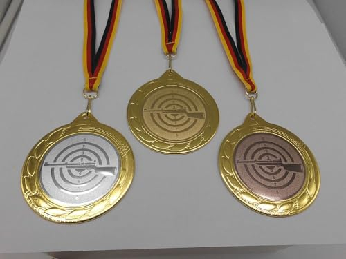 Fanshop Lünen Schützen 3 Stück Medaillen Große Stahl 70mm - Gold Schießsport Gewehr -mit einem Alu Emblem 50mm - (Gold,Silber,Bronce) Medaillenset - mit Medaillen-Band - (9302)