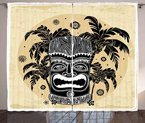 ABAKUHAUS Tiki Bar Rustikaler Vorhang, Maske Palm Verziert, Wohnzimmer Universalband Gardinen mit Schlaufen und Haken, 280 x 260 cm, Weiß Braun