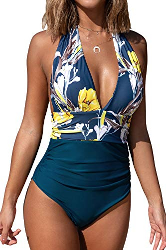 CUPSHE Damen Badeanzug Neckholder V-Ausschnitt Raffung Bauchweg Einteilige Bademode Swimsuit Indigoblau S