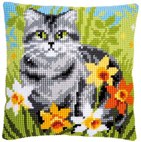 Vervaco Kreuzstich Stickpackungen Kissen Stickerei Set Anfänger Vorgedruckt Katze zwischen Blumen DIY Set Kreativ Set Für Erwachseneca. 40 x 40 cm Bastelset Handwerker Haus Dekoration