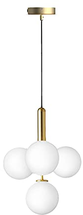 ZTTECH Globo de cristal blanco de 4 luces. Lámpara colgante, base dorada con bola de cristal blanco Lámpara colgante Candelabro para isla de cocina (Cristal blanco y metal dorado)