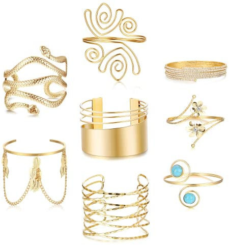 JeryWe 8 Stücke Oberarm Armbänder Für Frauen Einstellbare Oberarm Manschette Armband Open Armlet Blatt/Schlange/Blume Armband Schmuck Set
