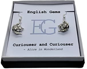 Teapot Charm Earrings, Alice in Wonderland Quote on Insert in Gift Box, Silver Plated or Sterling Silver Hooks