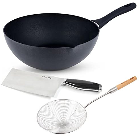 Ken Hom großer Wok 30 cm Induktion mit Ausguss antihaftbeschichtet aus Aluminium - 3-tlg. Wokpfannen Set mit Schaumlöffel & Hackmesser