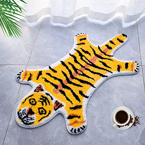 Tigerförmiger Teppich, Tiger-Badematte für Badezimmer, gelber Tigerteppich, Fußmatte, rutschfest, Cartoon-Tierdruck, Teppich, saugfähig, Badewannenteppich, Schlafzimmer, 100.3x59.9 cm