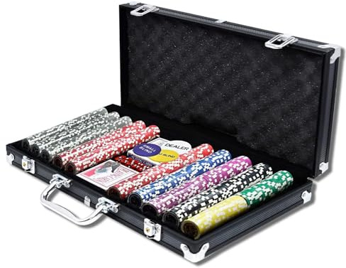 AufuN Pokerkoffer Pokersets mit Aluminiumkoffer 500 Laser-Pokerchips | Professionelles Pokerspiel, inklusive 2 x Pokerdecks, 5 x Würfel, 3 x Dealer-Buttons, Big Blind, Little Blind (Schwarz)