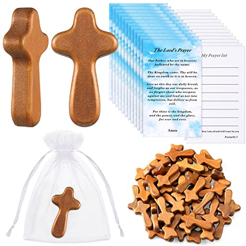 24 Pack Wood Holding Crosses Set 24 Mini Hand Holding Cross 2.56 Inch Pocket Crosses with 24 Bible Prayer Cards and 24 Organza Bags Caring Cross for Christian Church Jesus Religious Gift