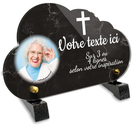 OCAP-FUNERAIRE.COM Grabschild Wolke mit Foto personalisierbar aus Plexiglas, Motiv christliches Kreuz, verschiedene Größen, Dicke 6 mm, personalisierbar auf mehrere Linien, 20 x 12 cm