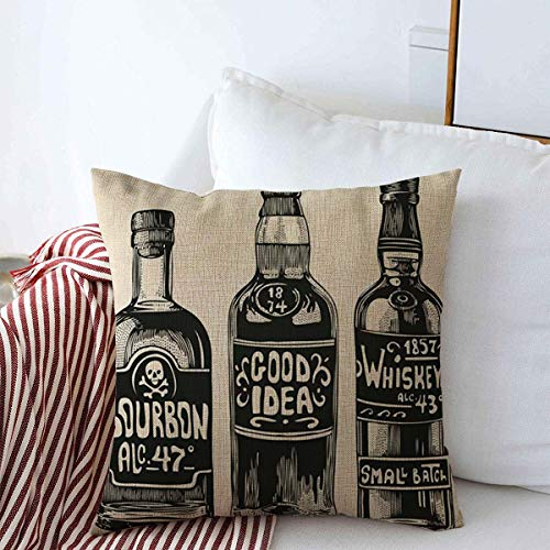 874 Pillow Cover Three Bottles Liqueur Strong Drawn Alcohol Food Drink Liquor Vintage Pub Booze Bourbon Pillow Case Anti Wrinkle Cushion Covers Super Soft Pillow Protectors 45x45 cm