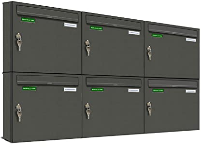 AL Briefkastensysteme Basic 6er Briefkasten DB 703 Eisenglimmer Grau 6 Fach DIN A4 wetterfest Briefkastenanlage mit Posthaltebügel und 2 Namensschildern