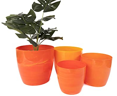 Home Garden Ornaments Plant Pots Indoor Set of 4 Sizes 12/14/16/18cm Diameter – Plastic Plant Pot Yellow-Orange Marble – Durable Flower Pots Outside with Glossy Surface (Yellow-Orange Marble)