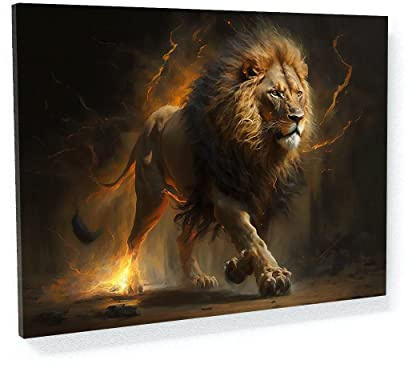 Sense Canvas Leinwandbild, Motiv: Löwe Fierce Fire 70, Heimdekoration, Wandkunstdruck, Poster, Gemälde, groß, 40 x 30 / 3,8 cm