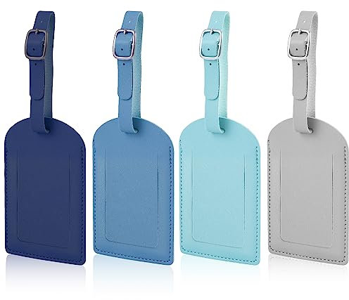 LUTER 4 Stück Gepäckanhänger Leder, Kofferanhänger Identifikatoren Gepäcketiketten Adressschild mit Verstellbarem Riemen Datenschutzabdeckung für Koffer Reisen (Dunkelblau, Dunstblau, Hellblau, Grau)